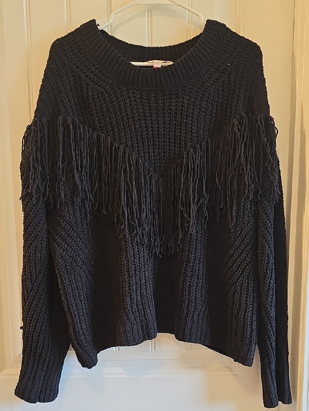 No Boundaries Black Fringed Crewneck Sweater